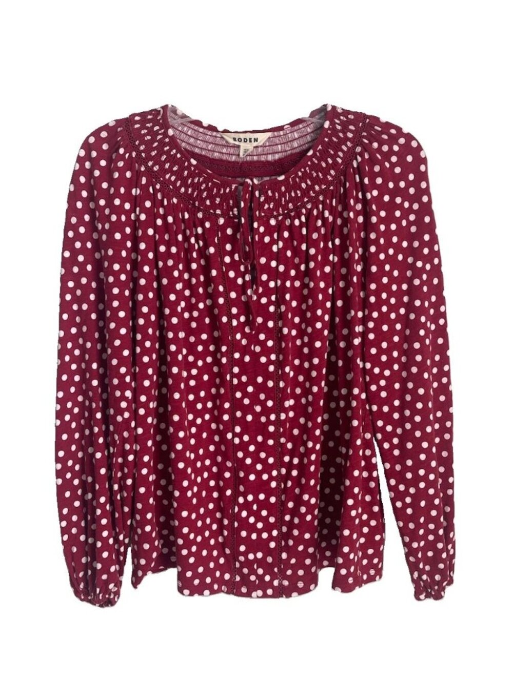 Boden Georgia Smocked Jersey Top Long Sleeve Red Polka Dot Women's